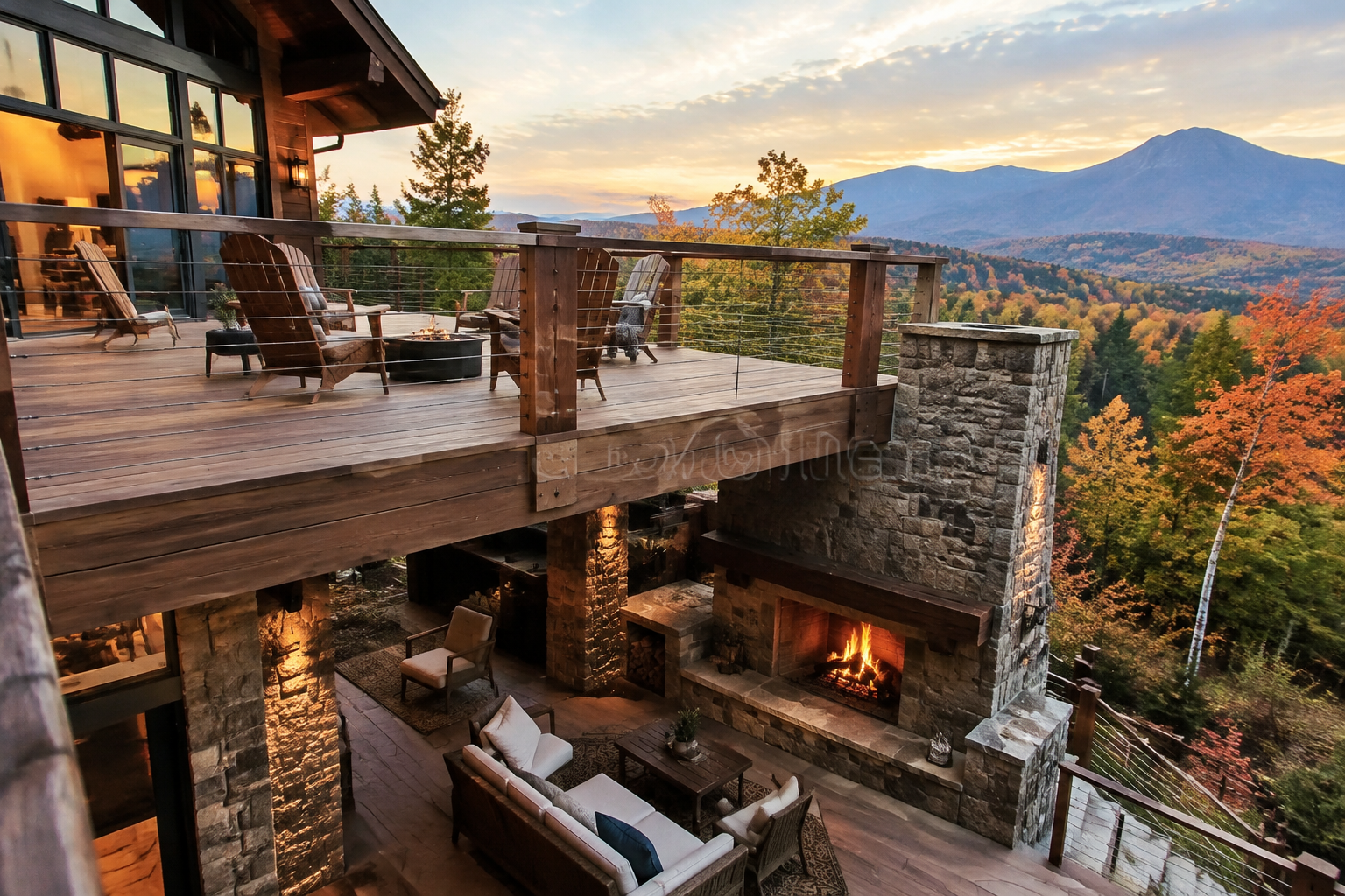 Two-level deck with stone fireplace on lower level and mountain view