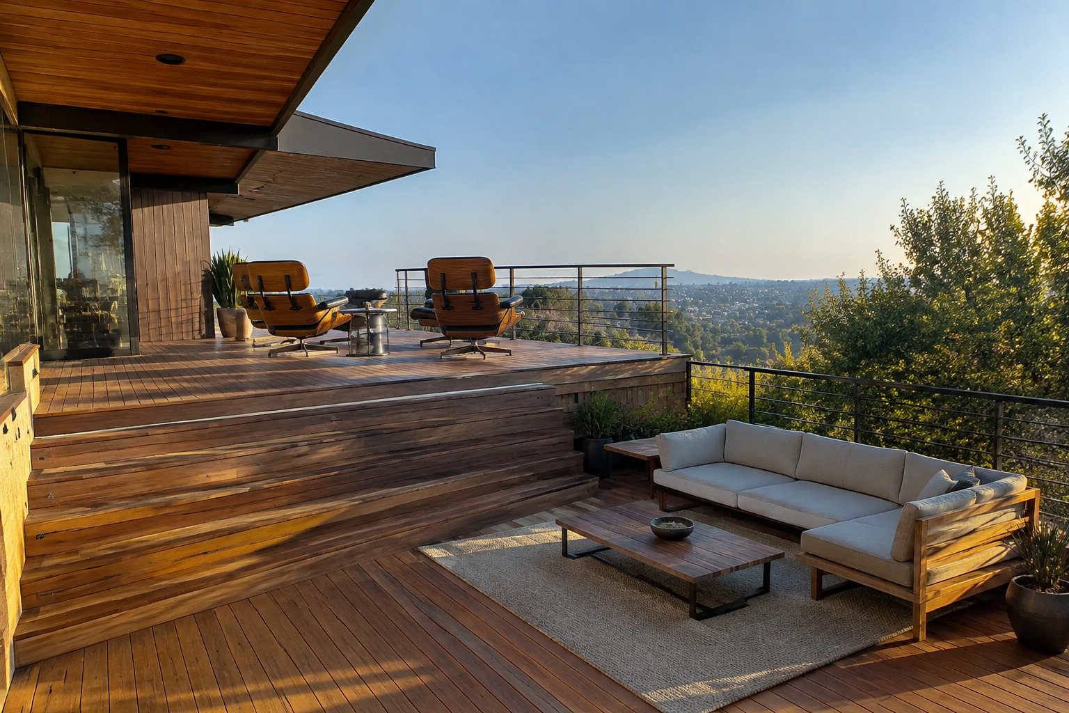 Mid-century modern two-level deck with horizontal wood slats and retro lounge chairs