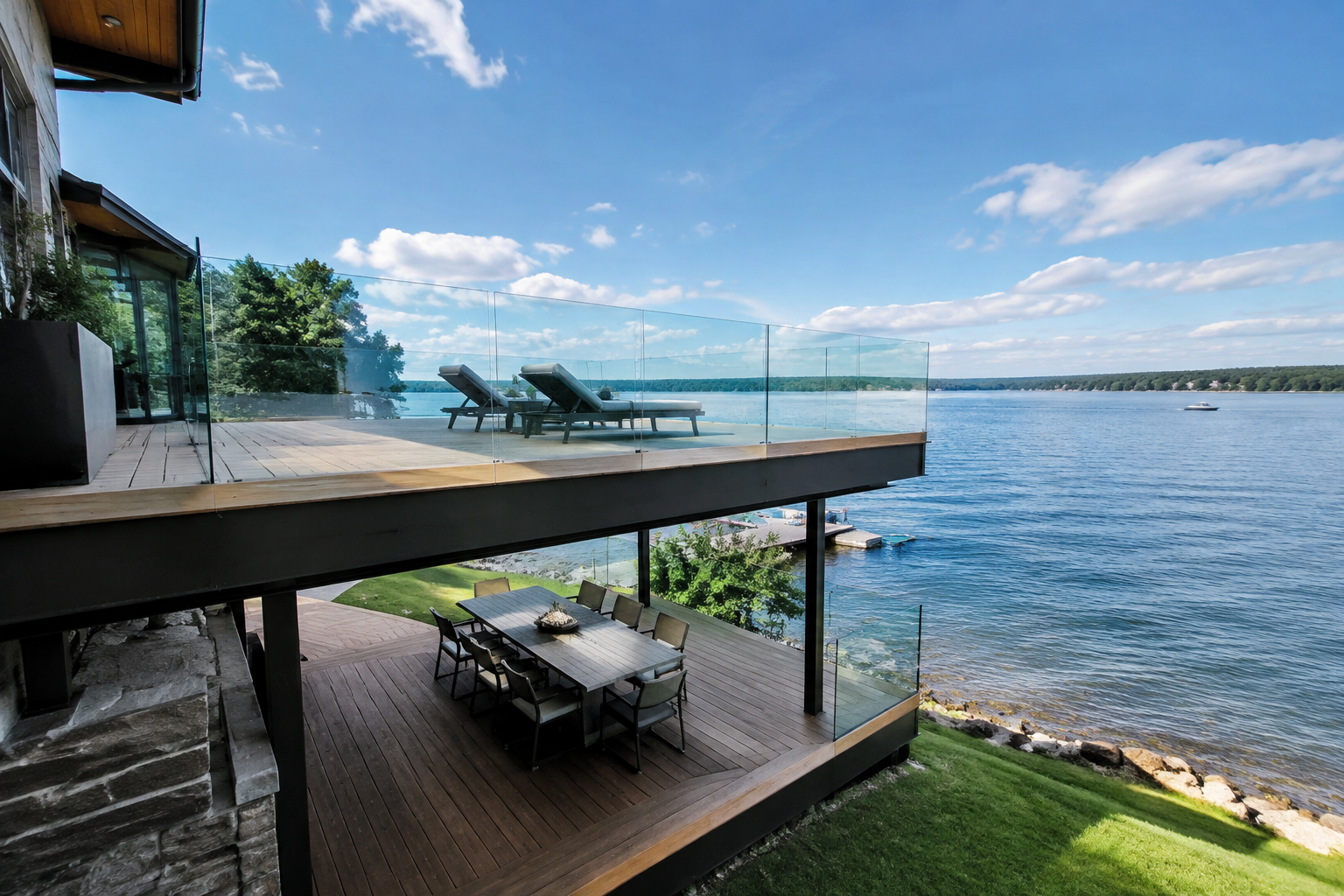 Two-level deck with glass railings and panoramic lake water view