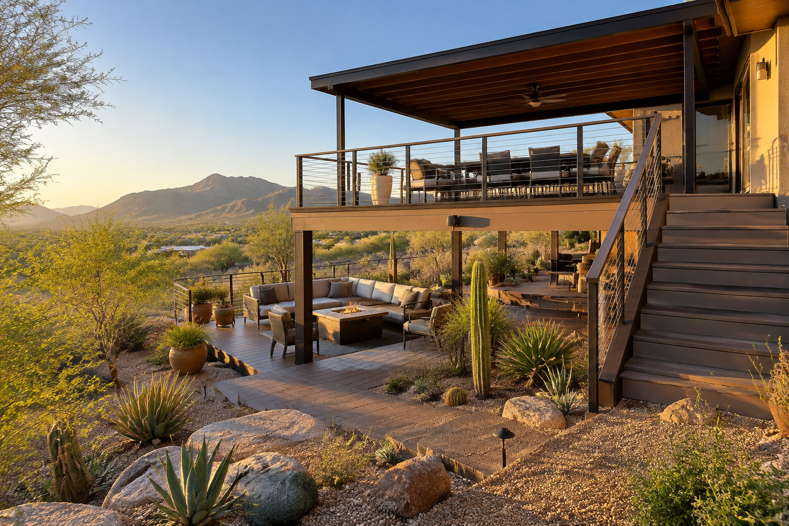 Two-level deck with desert landscape succulents and shade structure in warm tones