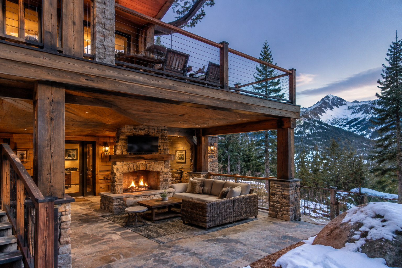 Mountain retreat two-level deck with heavy timber stone fireplace and snowy peaks