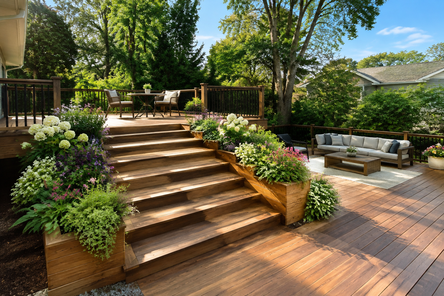Two-level deck with staircase flanked by lush garden beds and flowers