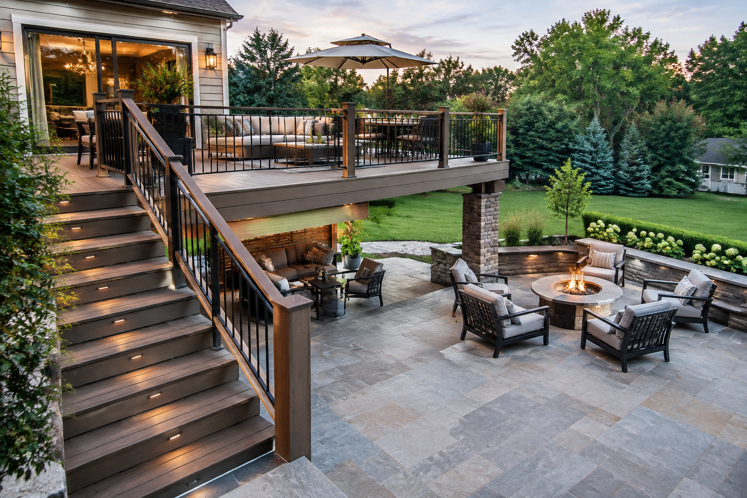 Two-level deck with mixed composite wood and stone pavers in transitional design
