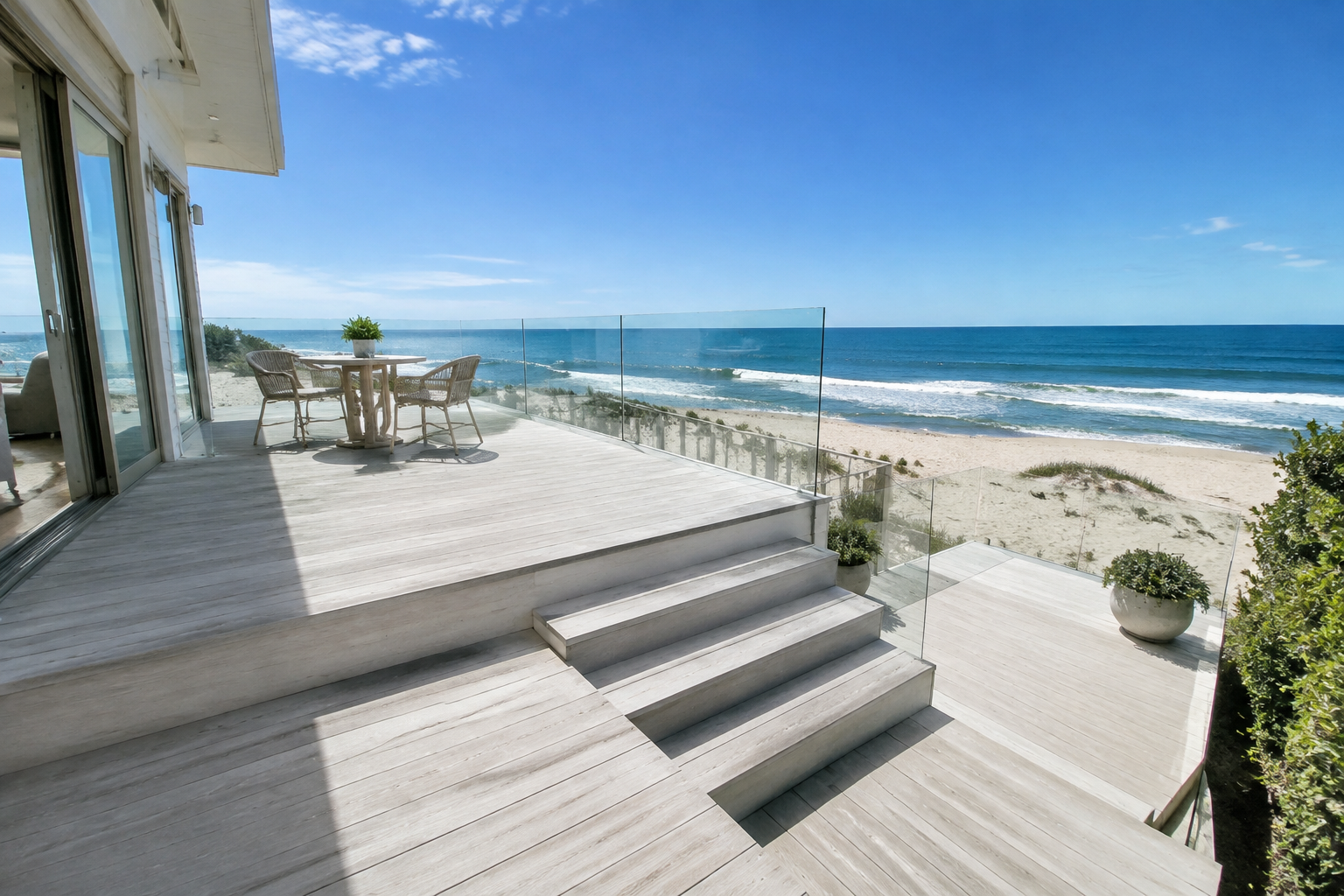 Coastal two-level deck with glass panel railings and whitewashed wood