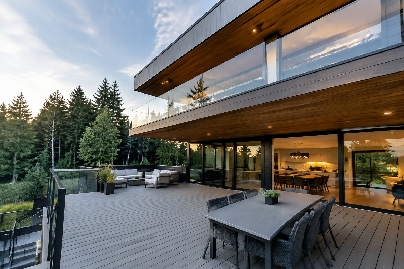 Two-level deck with cantilevered upper level overhang in modern composite