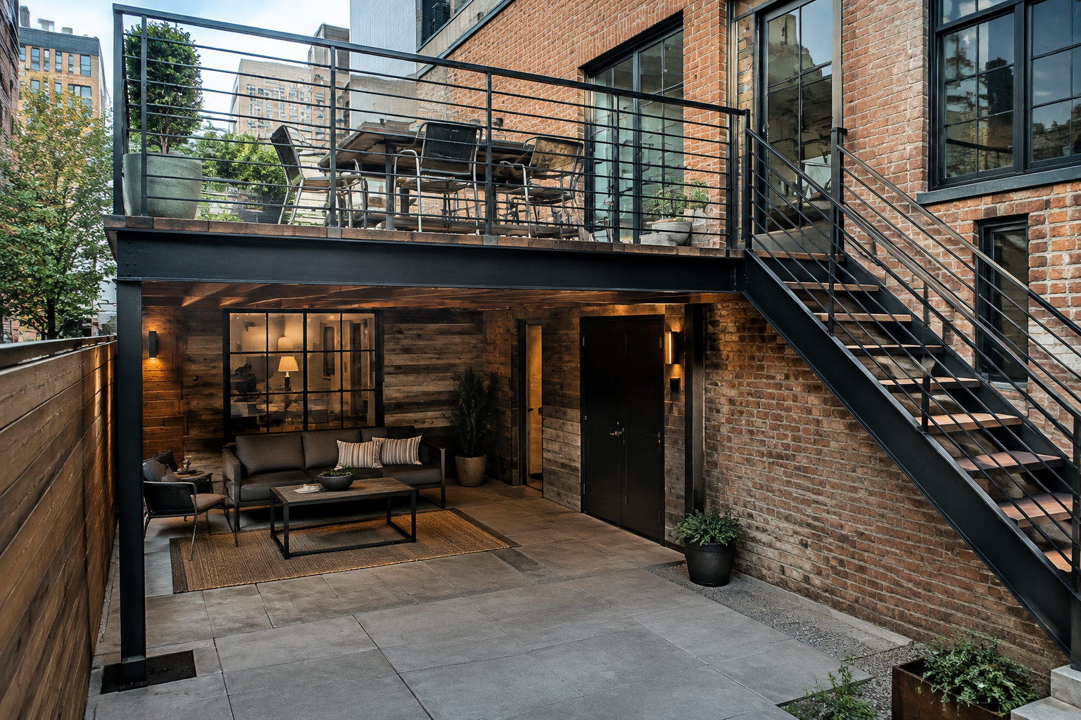 Industrial style two-level deck with steel reclaimed wood and concrete pavers