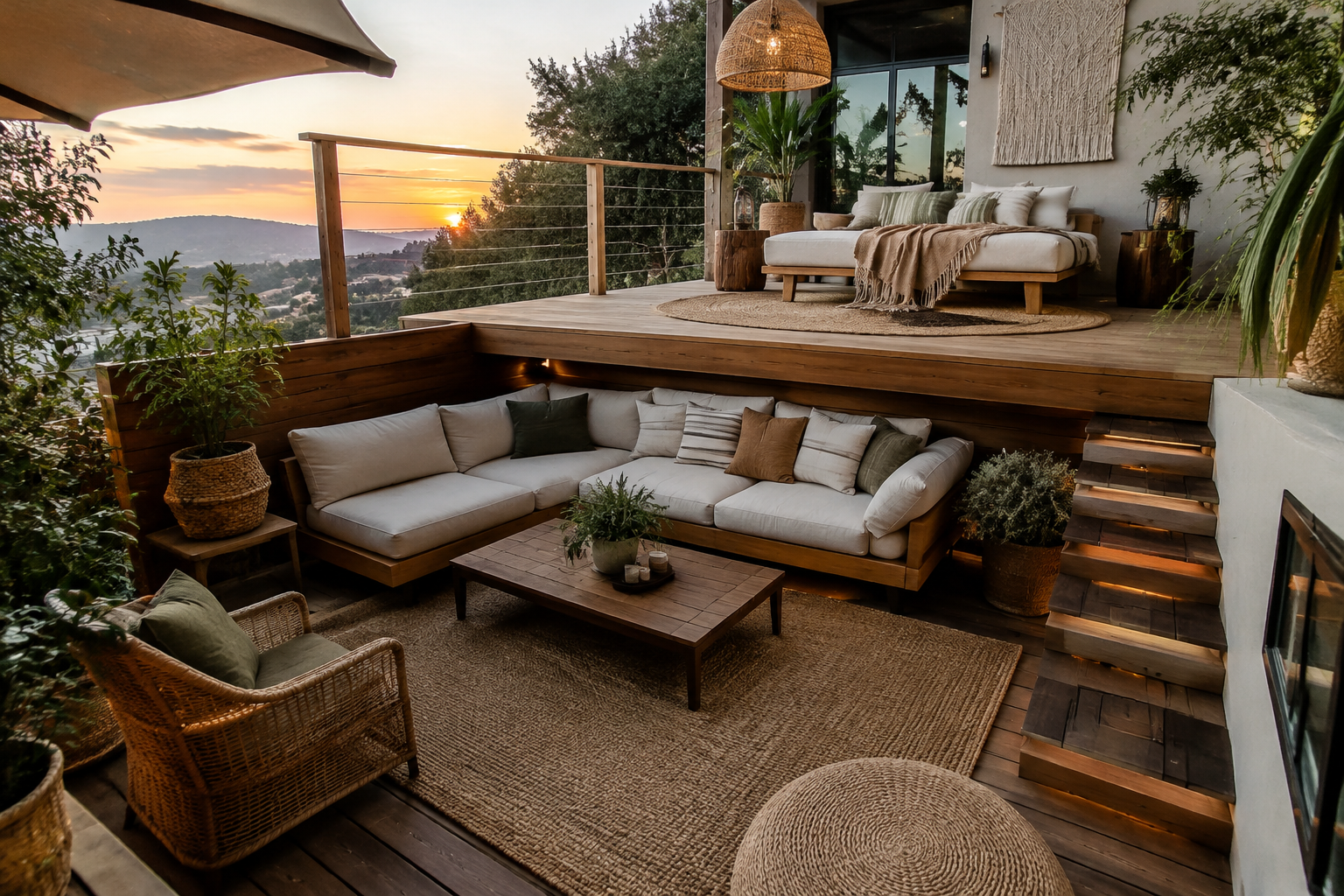 Two-level deck with plush sectional sofa lounge zone and boho decor