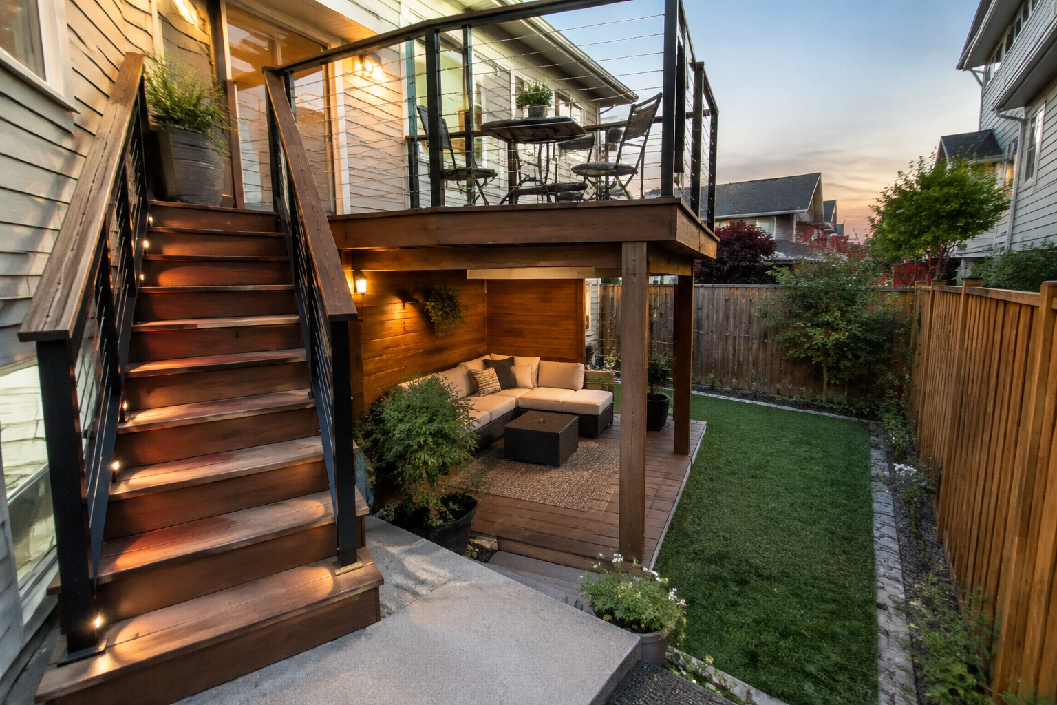 Small backyard two-level deck with space-saving stairs and compact bistro table