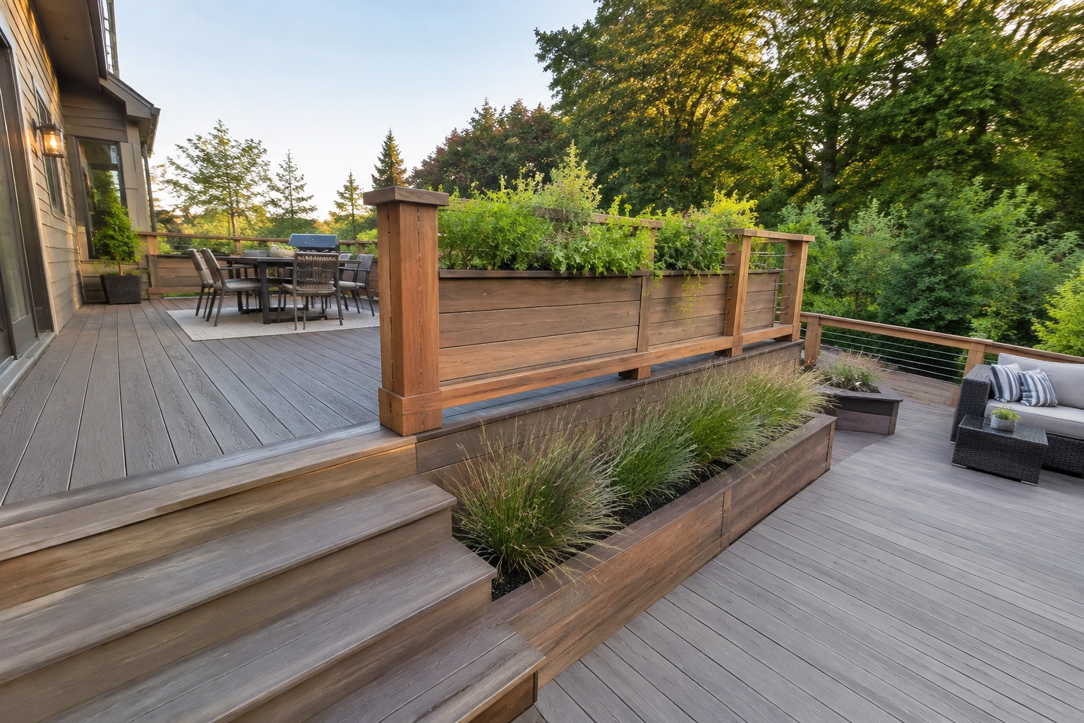Two-level deck with built-in wood planters and greenery in composite decking