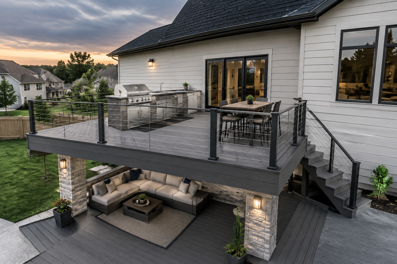 Two-level deck with outdoor kitchen on upper level and lounge below
