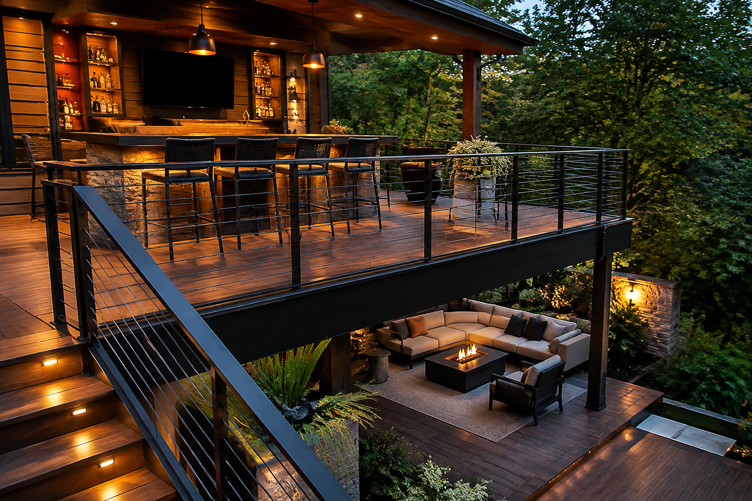 Two-level deck with built-in bar counter on upper level and lounge below