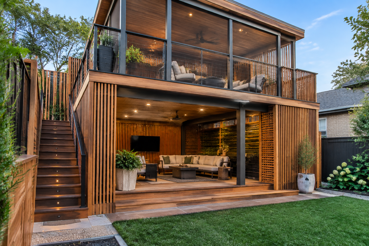 Two-level deck with vertical wood slat privacy screens and lattice panels