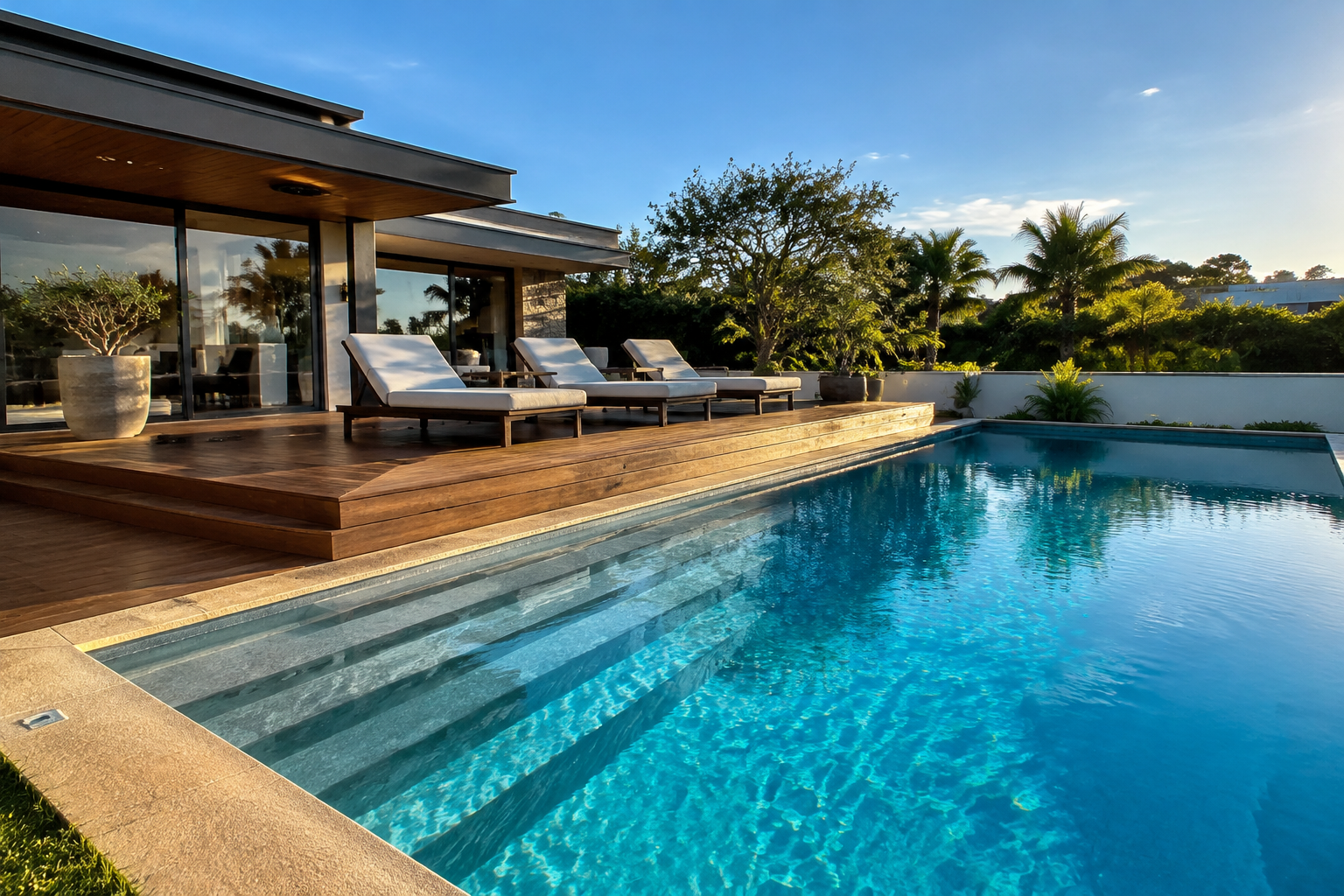 Two-level deck integrated with swimming pool and glass railings