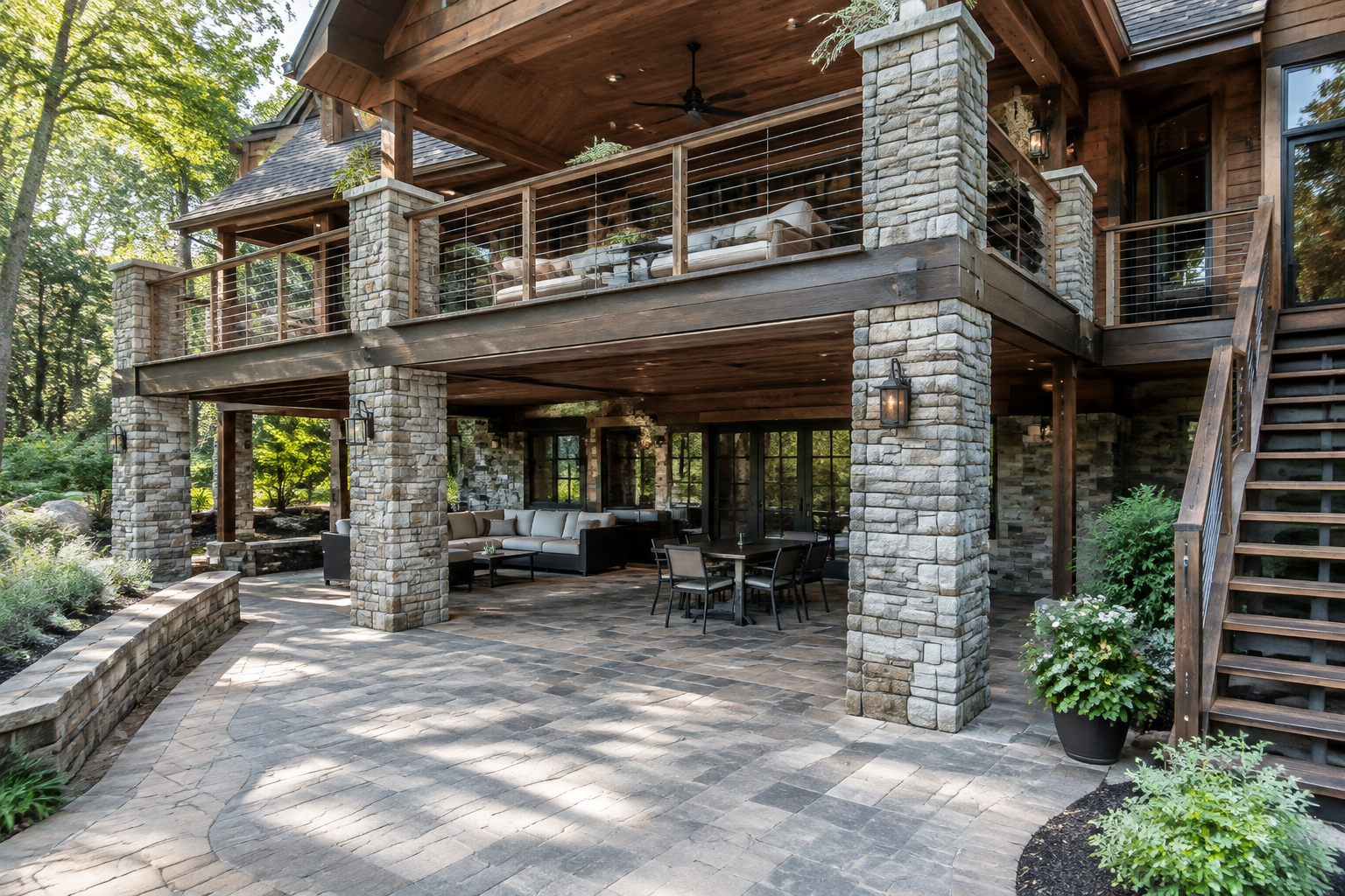 Two-level deck with stone accent columns and mixed wood and stone materials