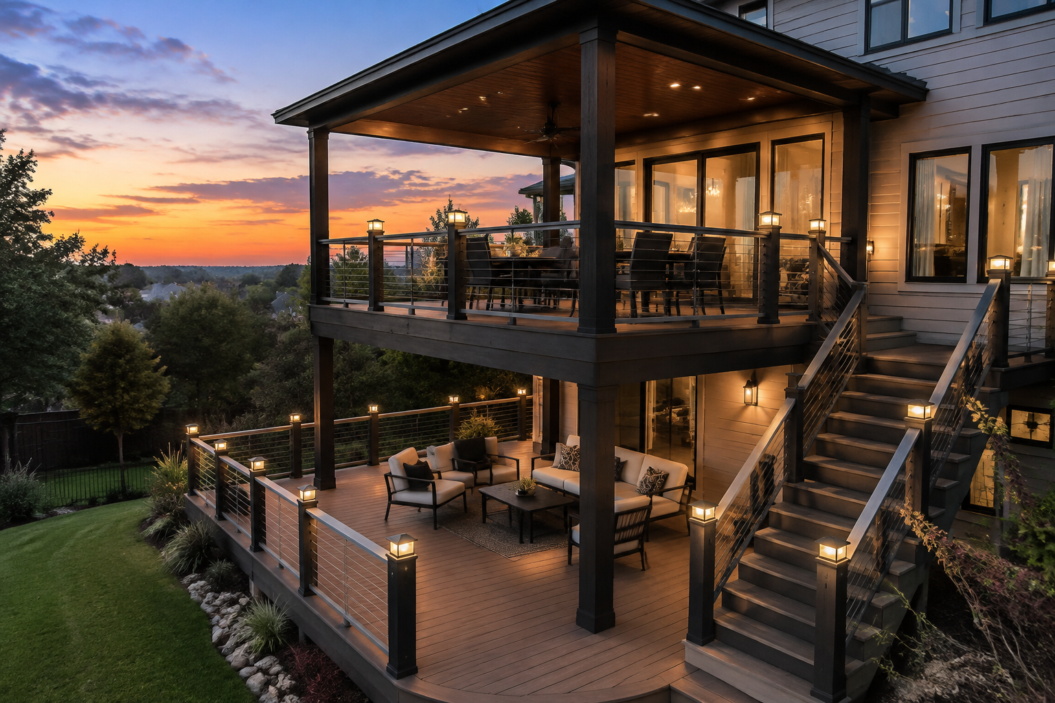Two-level deck with covered dining area on upper level under pergola roof