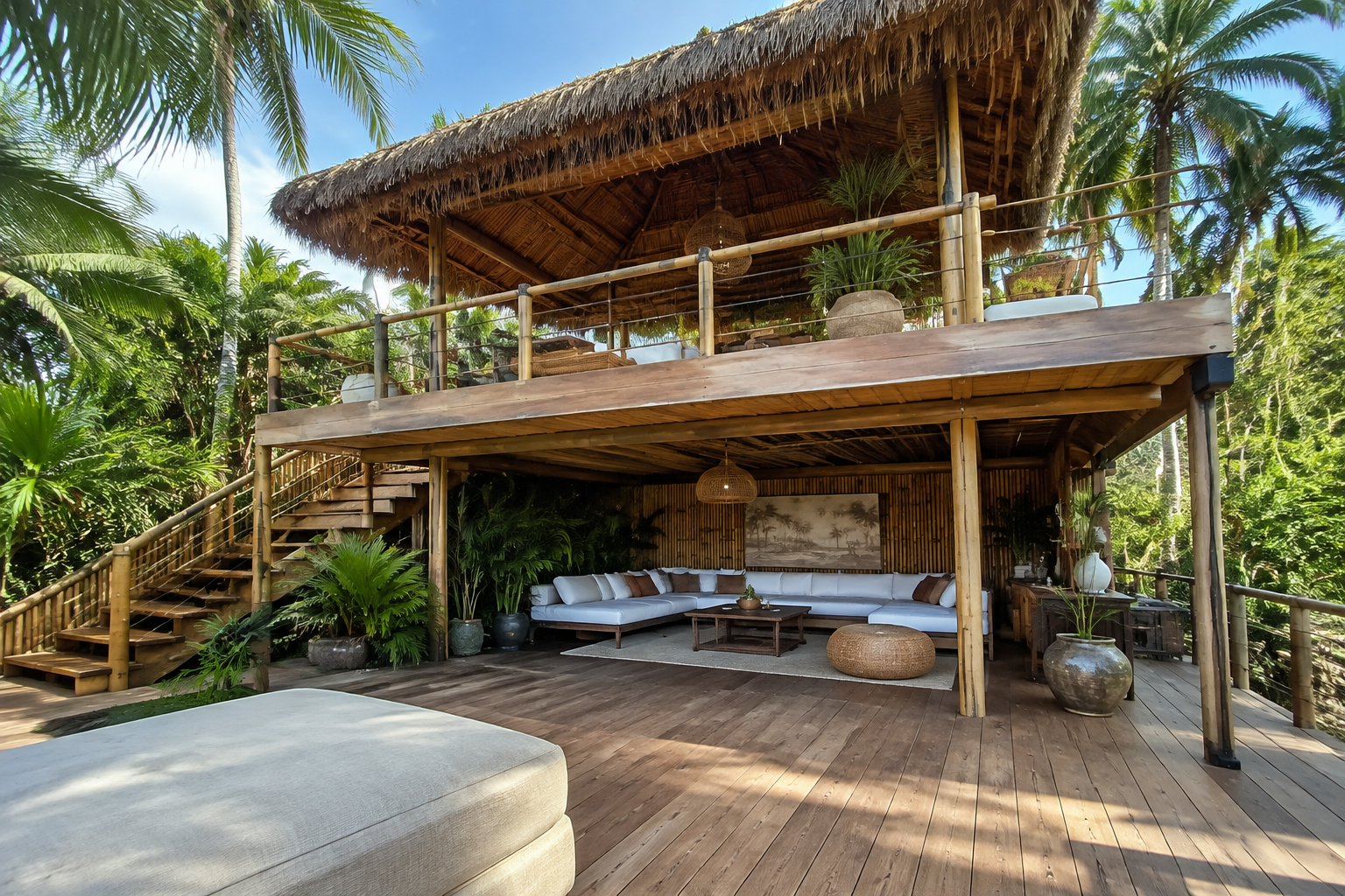 Tropical style two-level deck with bamboo teak thatch shade and lush palms