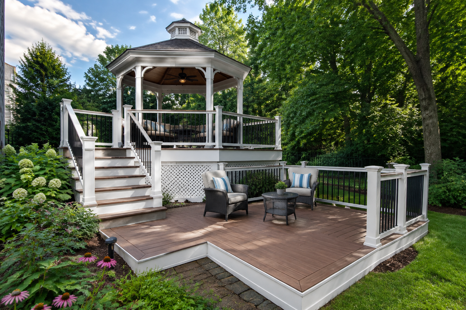 Two-level deck with traditional gazebo on upper level and white trim