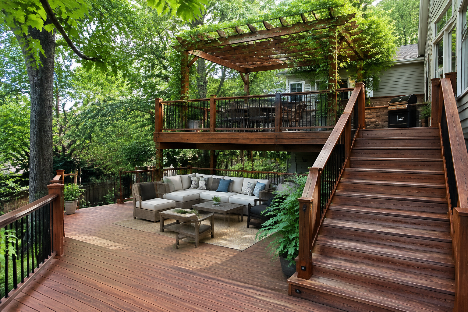 Rustic cedar two-level deck with wooden pergola and climbing vines