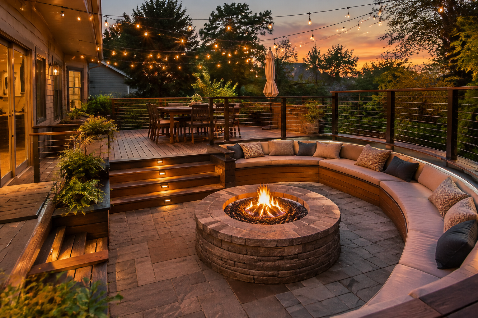 Two-level deck with stone fire pit on lower level and string lights