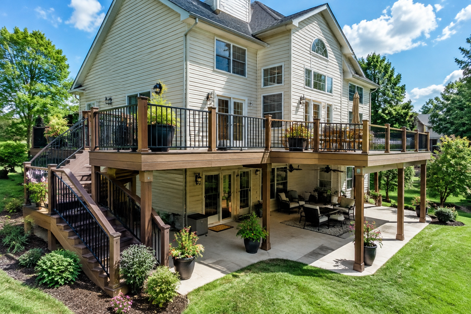 Wraparound two-level deck around a suburban home with black balusters