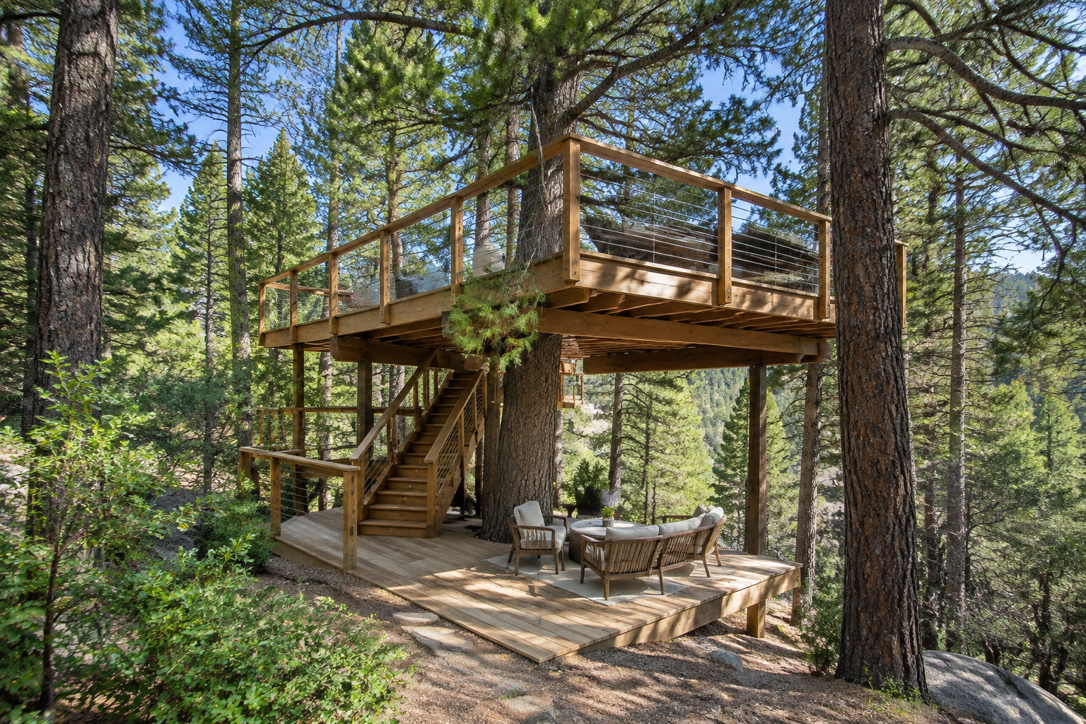 Two-level deck in forest setting surrounded by tall pine trees with dappled light