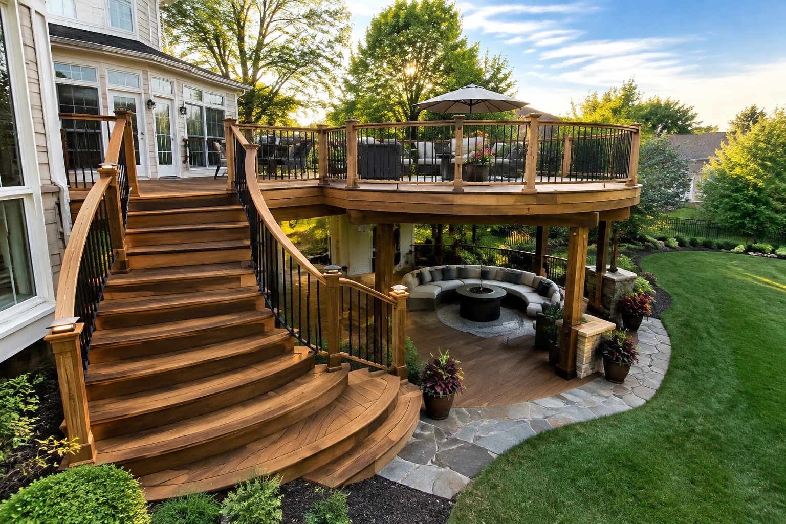 Two-level deck with curved staircase and octagonal seating in warm wood