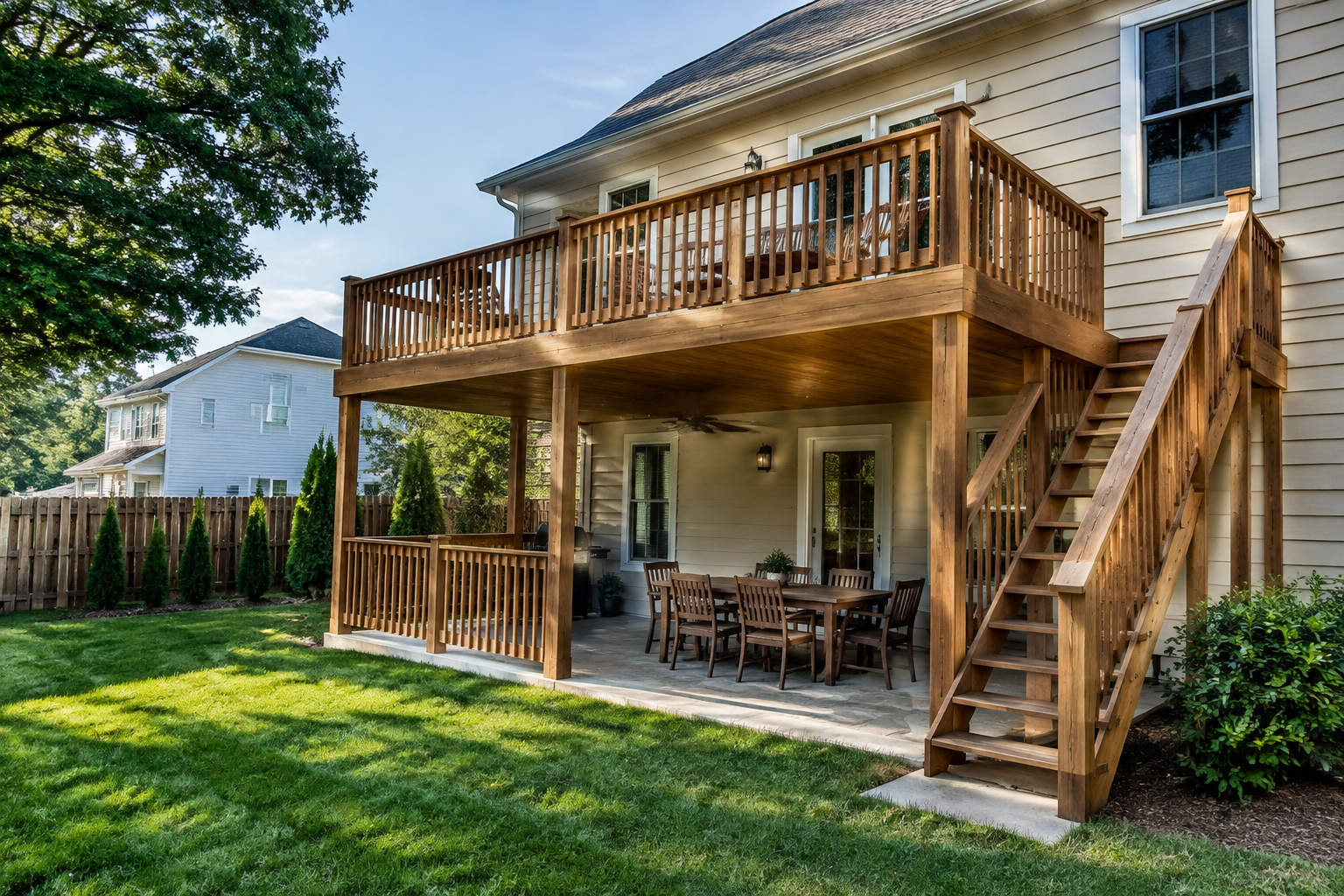 Two-level deck with traditional cedar wood railing and rocking chairs