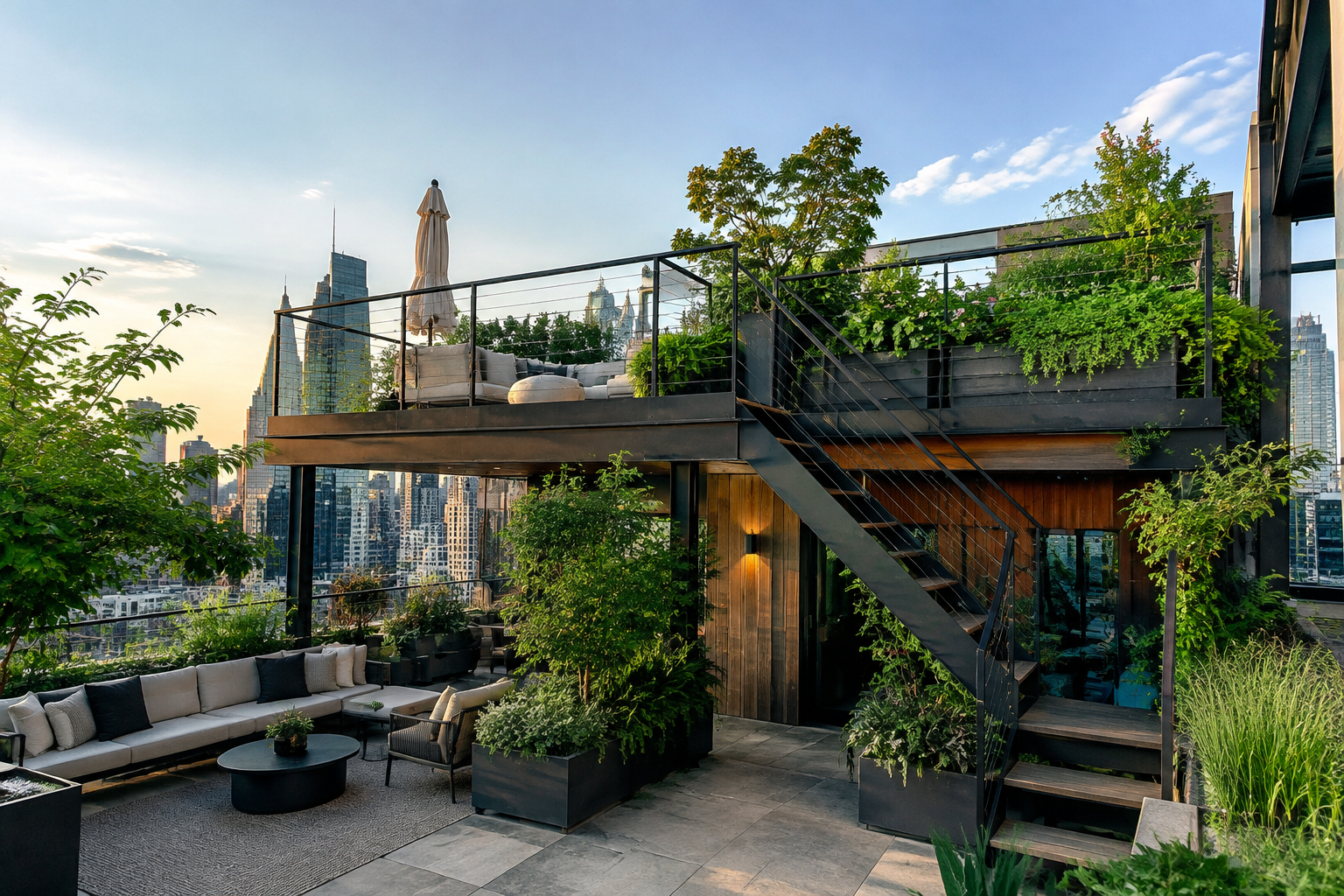 Two-level deck with rooftop garden on upper level and urban city skyline
