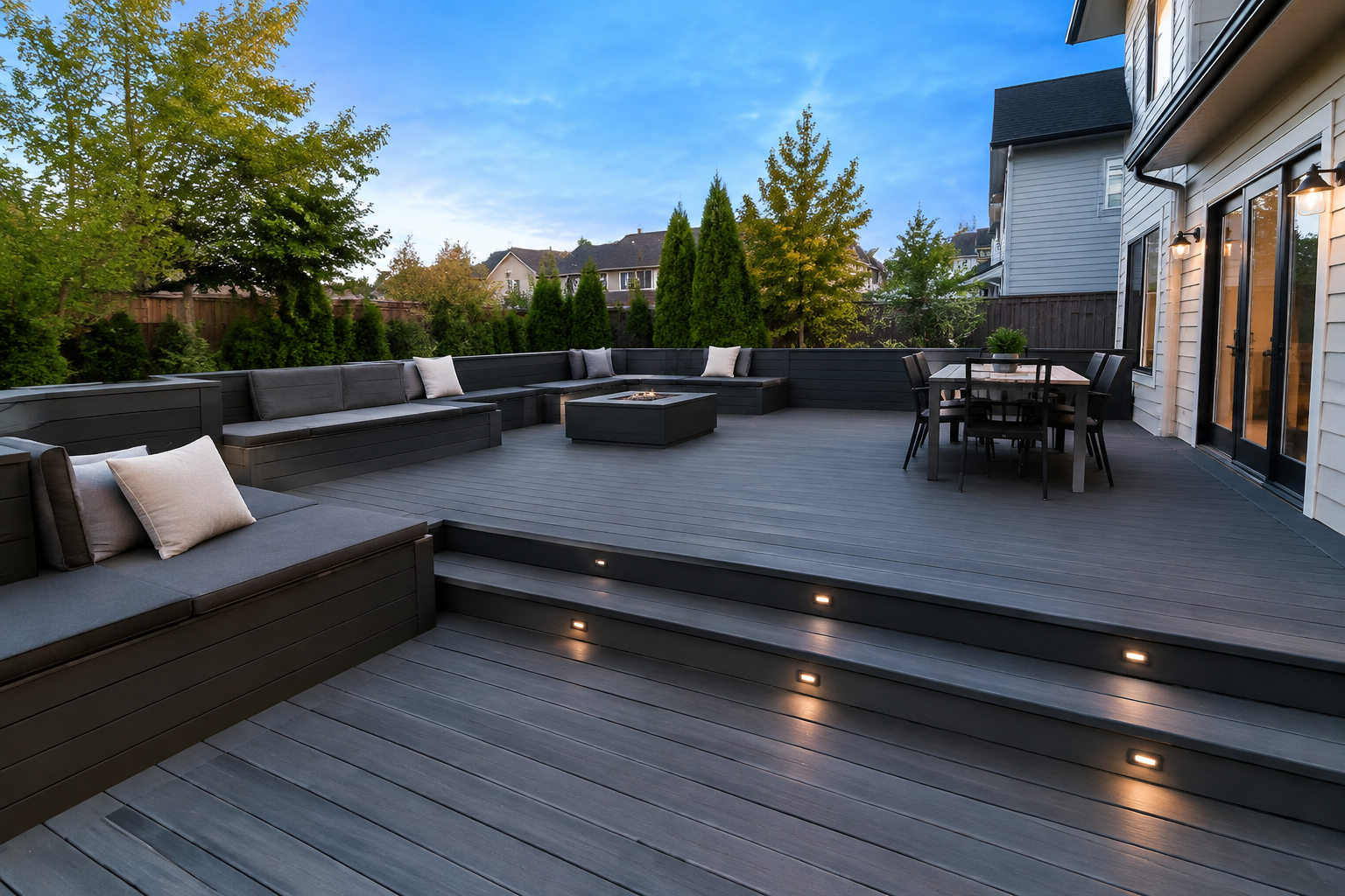 Two-level deck with built-in bench seating and hidden storage in dark composite