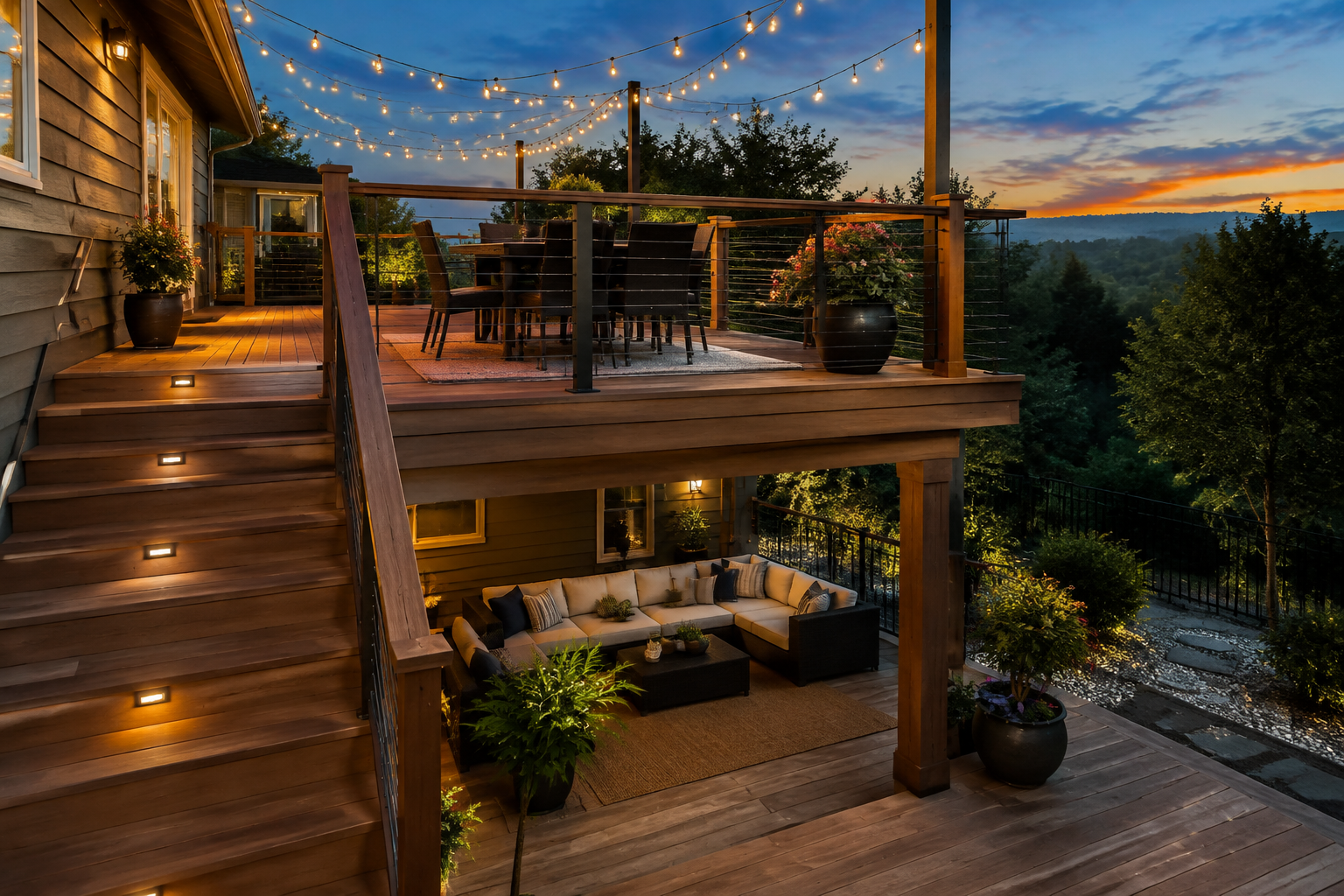 Two-level deck with warm string lights crisscrossing overhead at twilight