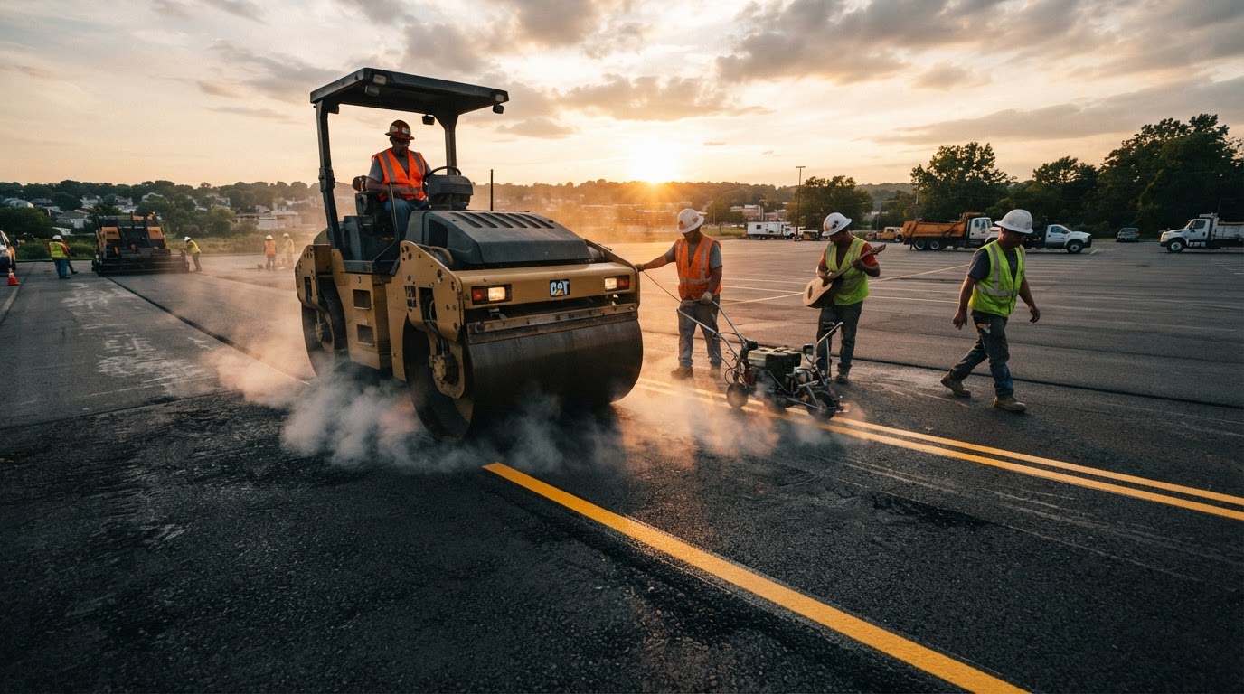 Asphalt paving crew laying fresh pavement — representing the industry Asphalt Marketing serves