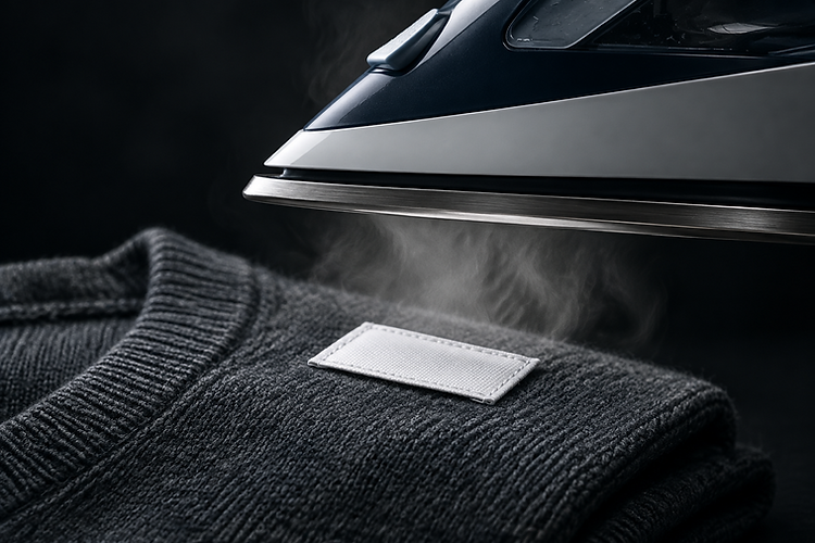 Steam iron applying a name label to a garment