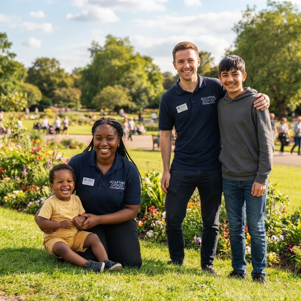 Staff members with a toddler and teenager in a sunny park