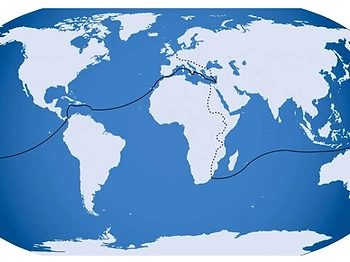Carte du monde avec les routes à la voile autour du globe et la traversée à la rame de l'Atlantique