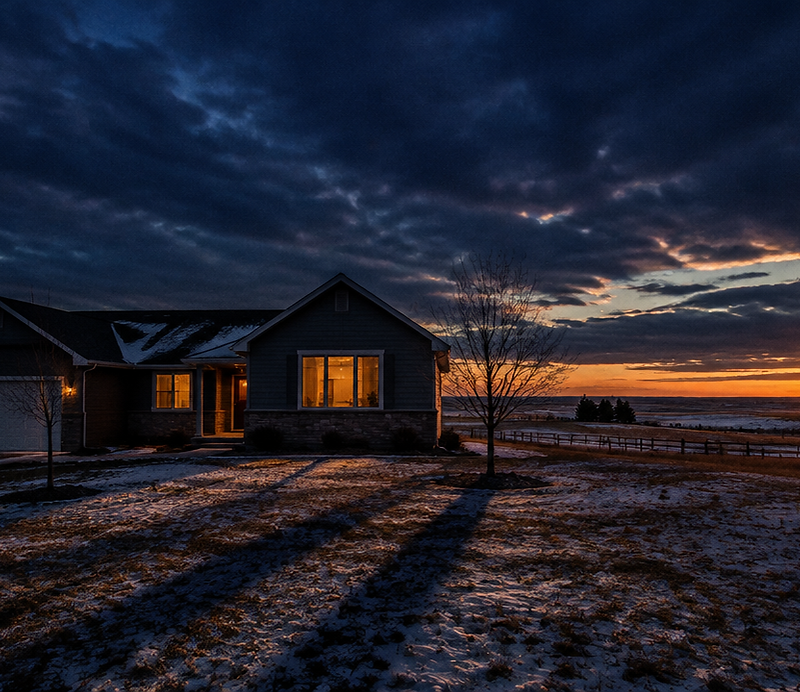 A North Dakota family home at dusk under a vast prairie sky