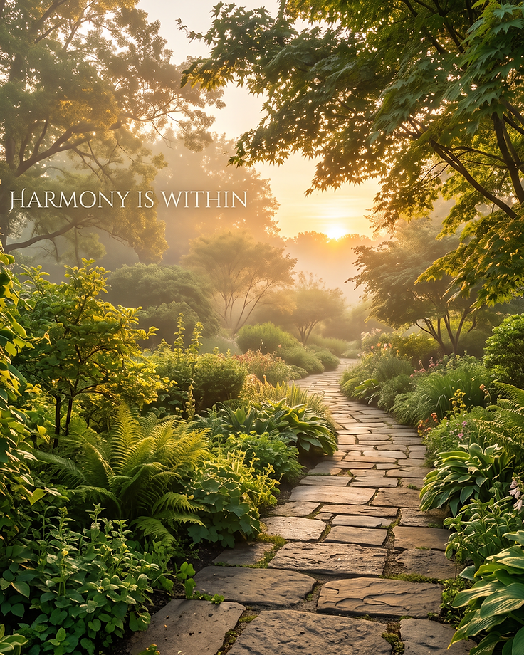 A stone path winding through a sunlit garden at sunrise