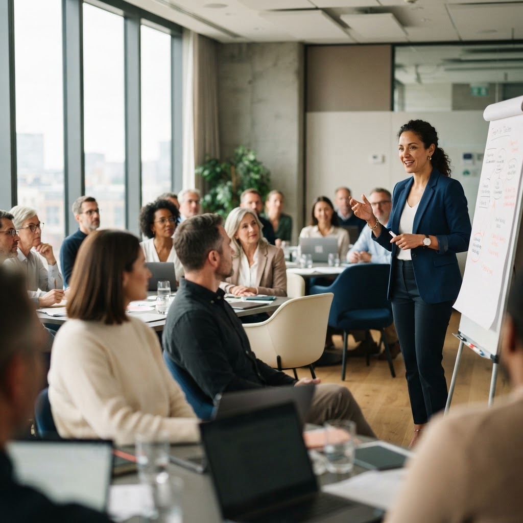 A facilitator running a workshop for a small group