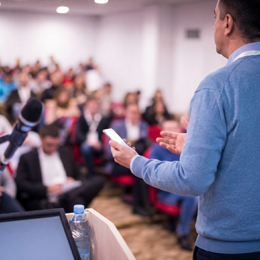 A presenter holding a mobile phone in front of a conference audience