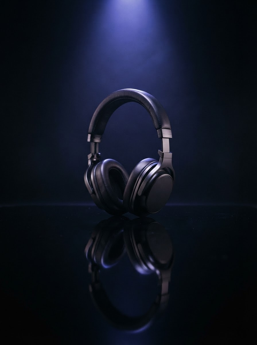 Headphones under an indigo spotlight