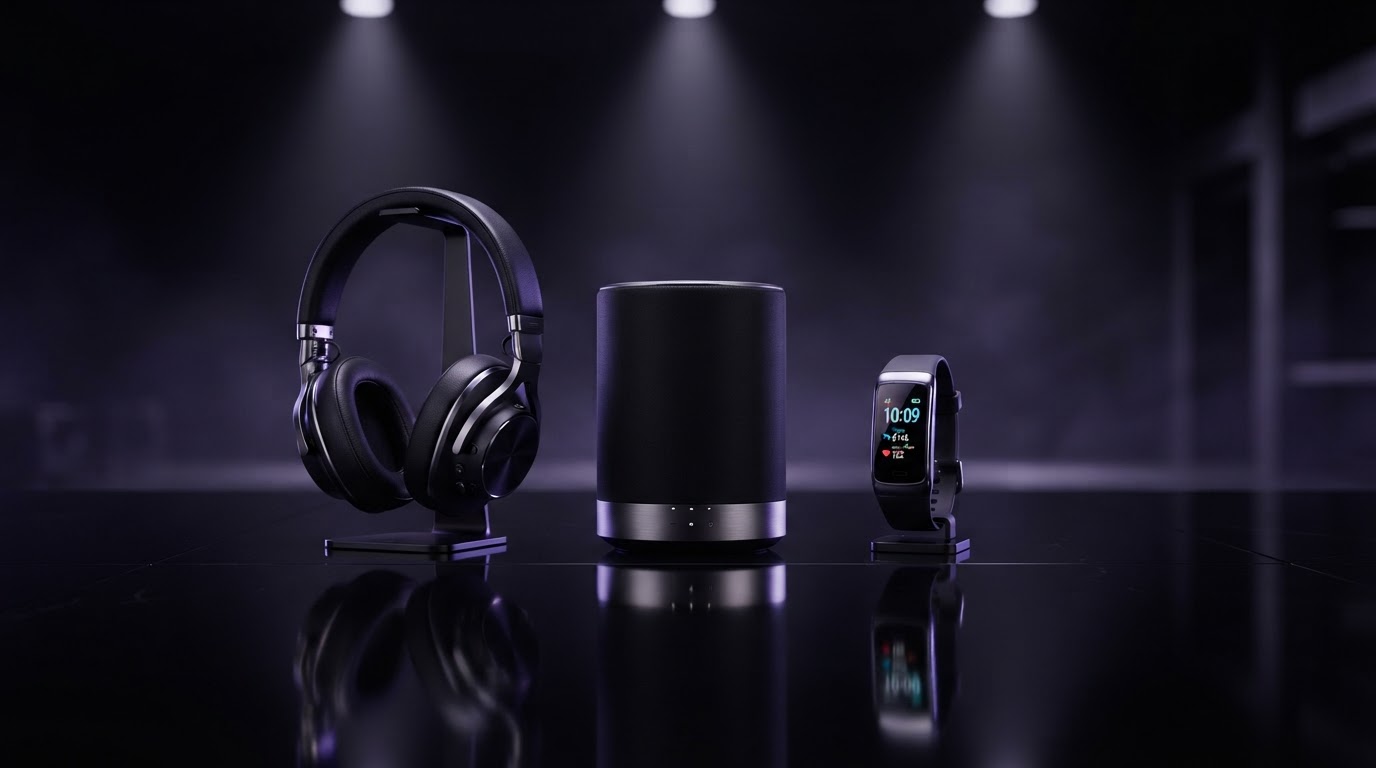 Tech products under indigo spotlights on a dark reflective floor