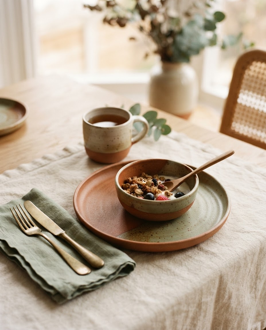 A warm dining table set with stoneware and linens