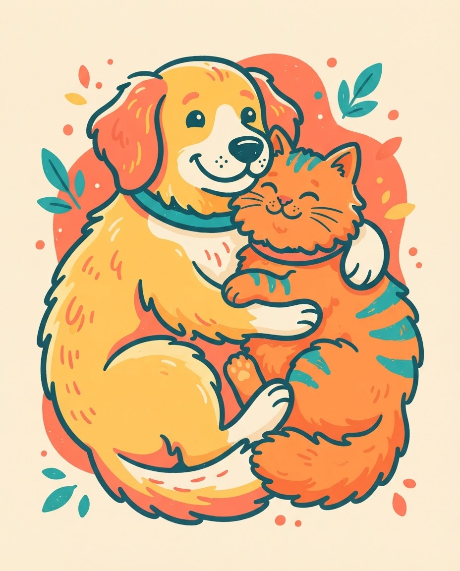 A happy dog and cat together