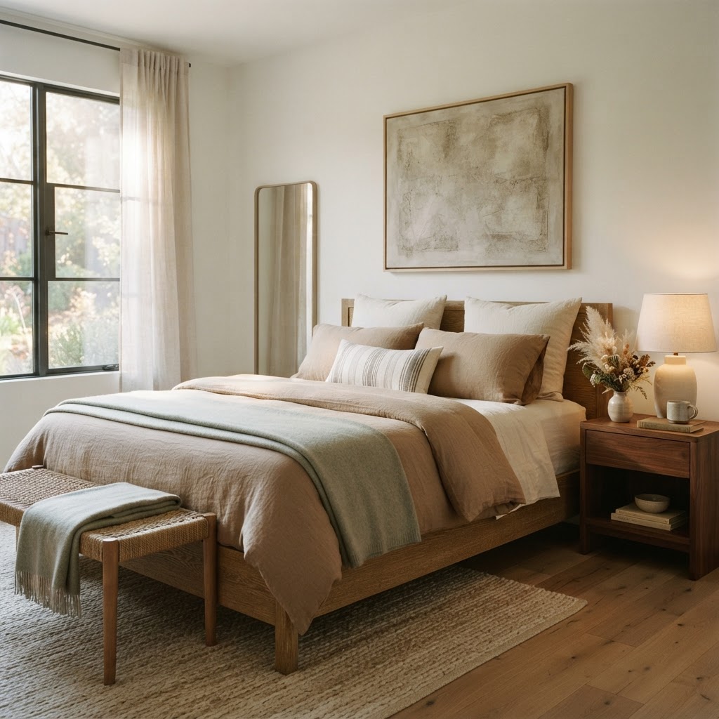 A serene, styled bedroom in warm neutral tones