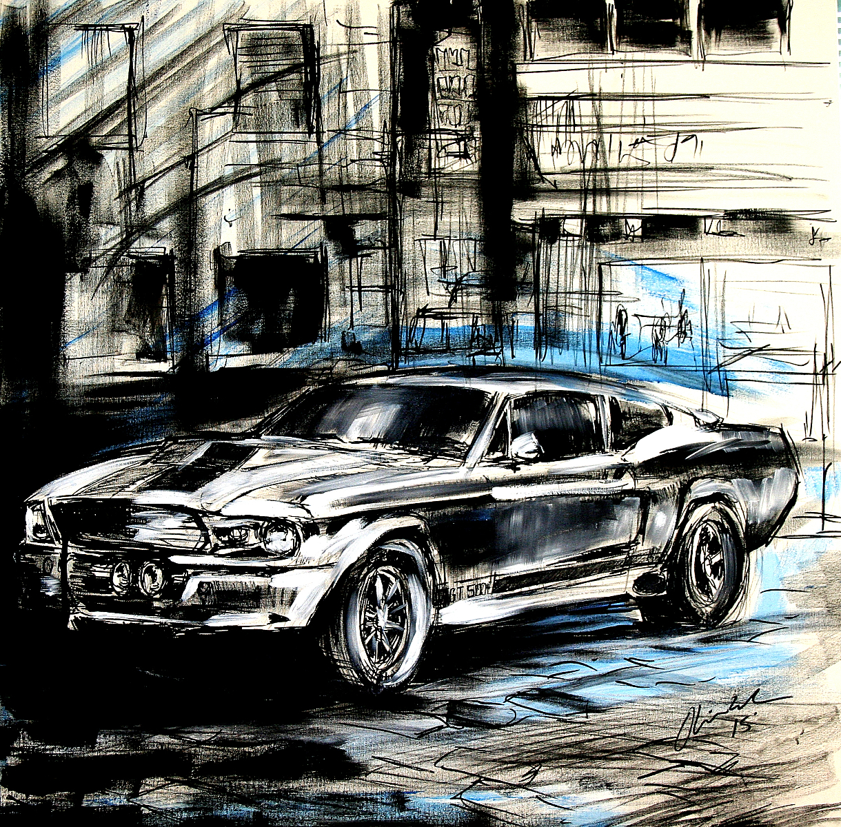 Ink sketch of a Ford Mustang fastback with blue wash