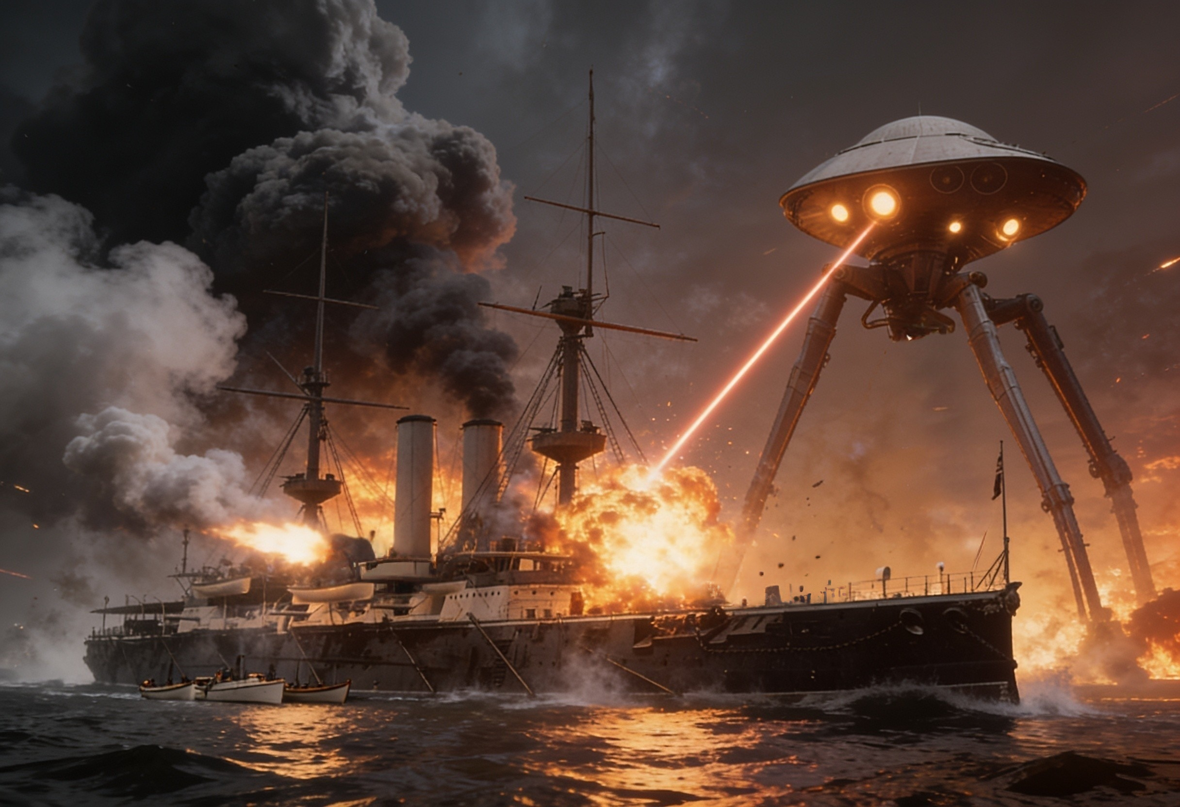 Cinematic naval battle with an alien tripod firing on an ironclad warship