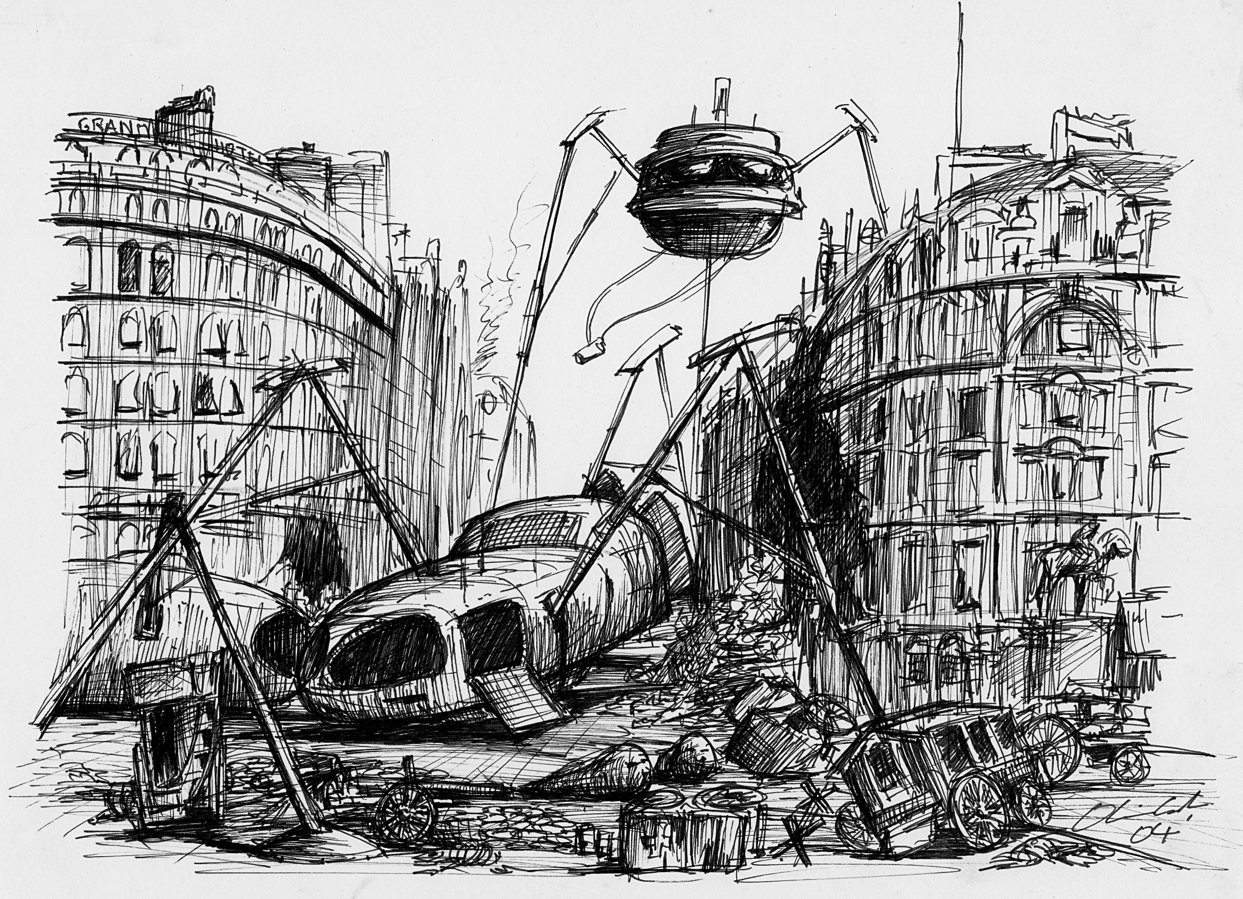Ink sketch of a Martian tripod in a cityscape