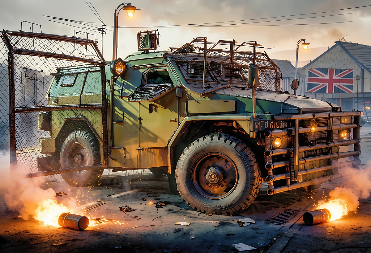 Armored riot control vehicle surrounded by orange smoke and burning flares