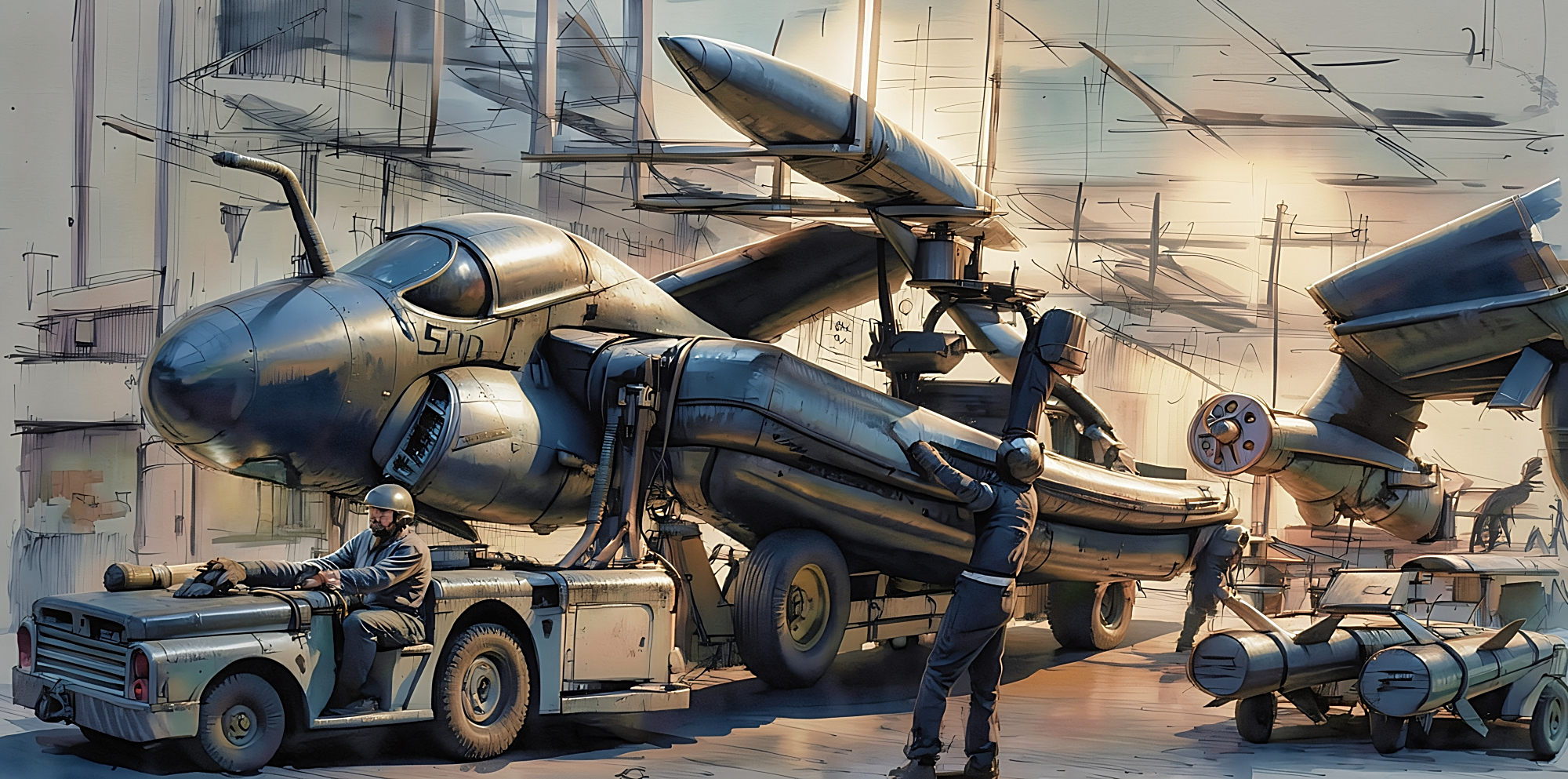 Military maintenance scene with a jet being serviced in a hangar