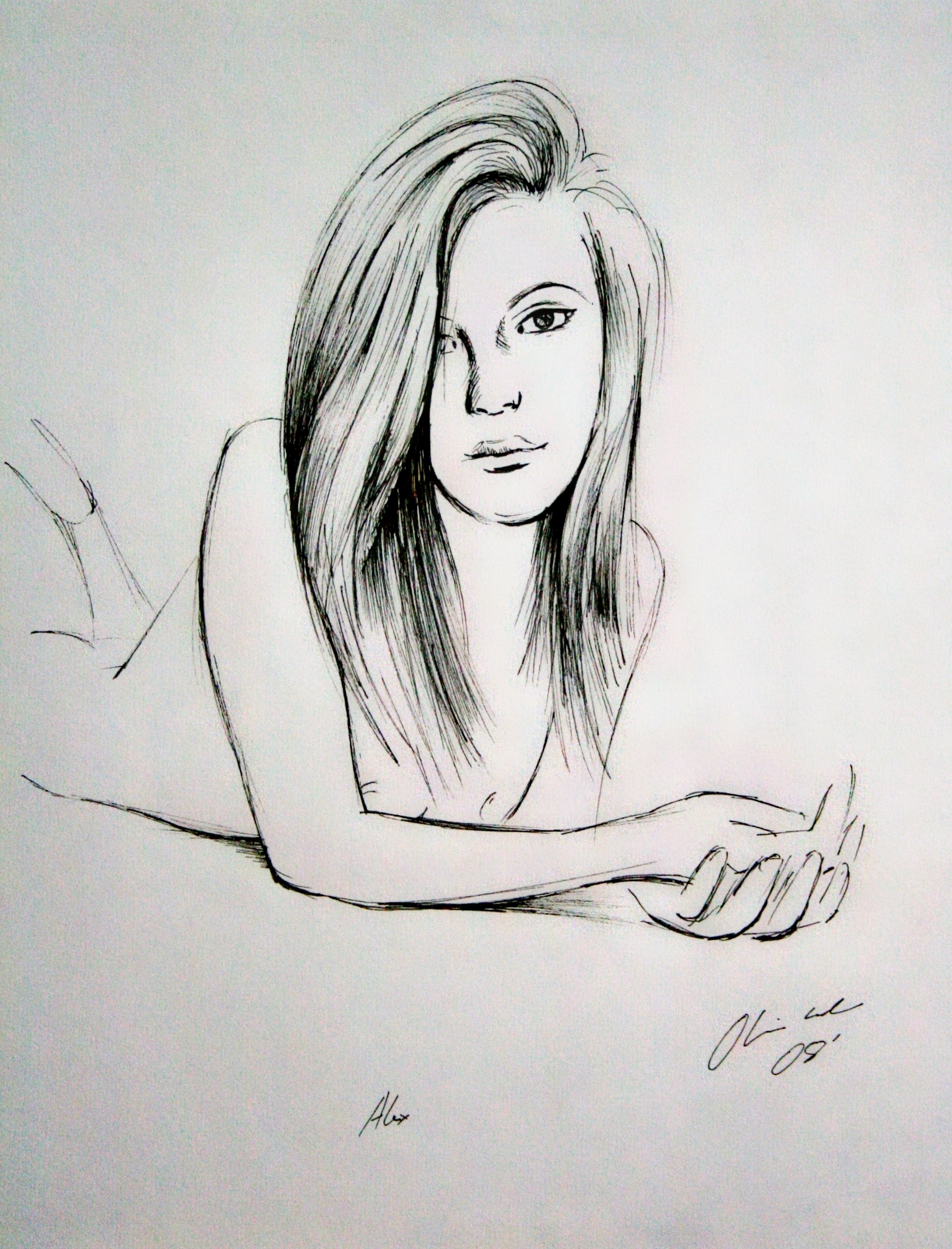 Ink sketch of a young woman resting on her forearms