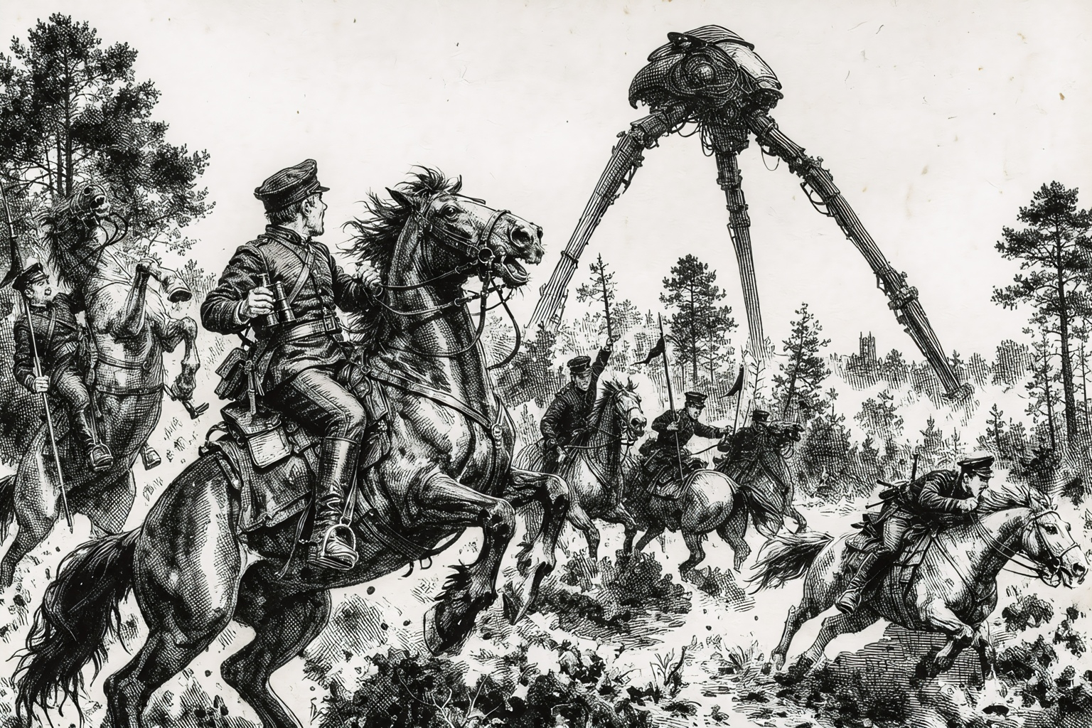 Ink sketch of cavalry soldiers before a towering tripod machine